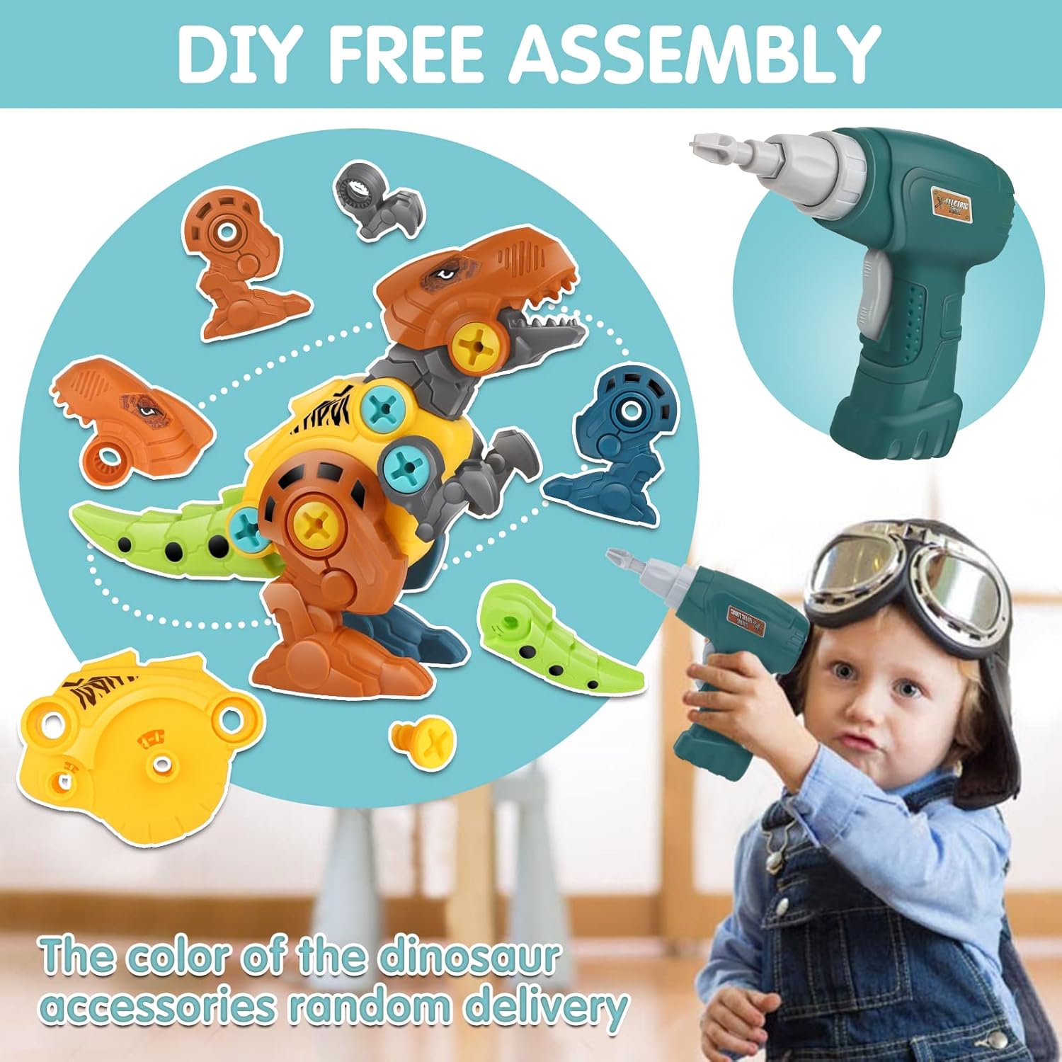 Dinosaur Toys for Kids with Storage Box Electric Drill DIY Construction Build Set