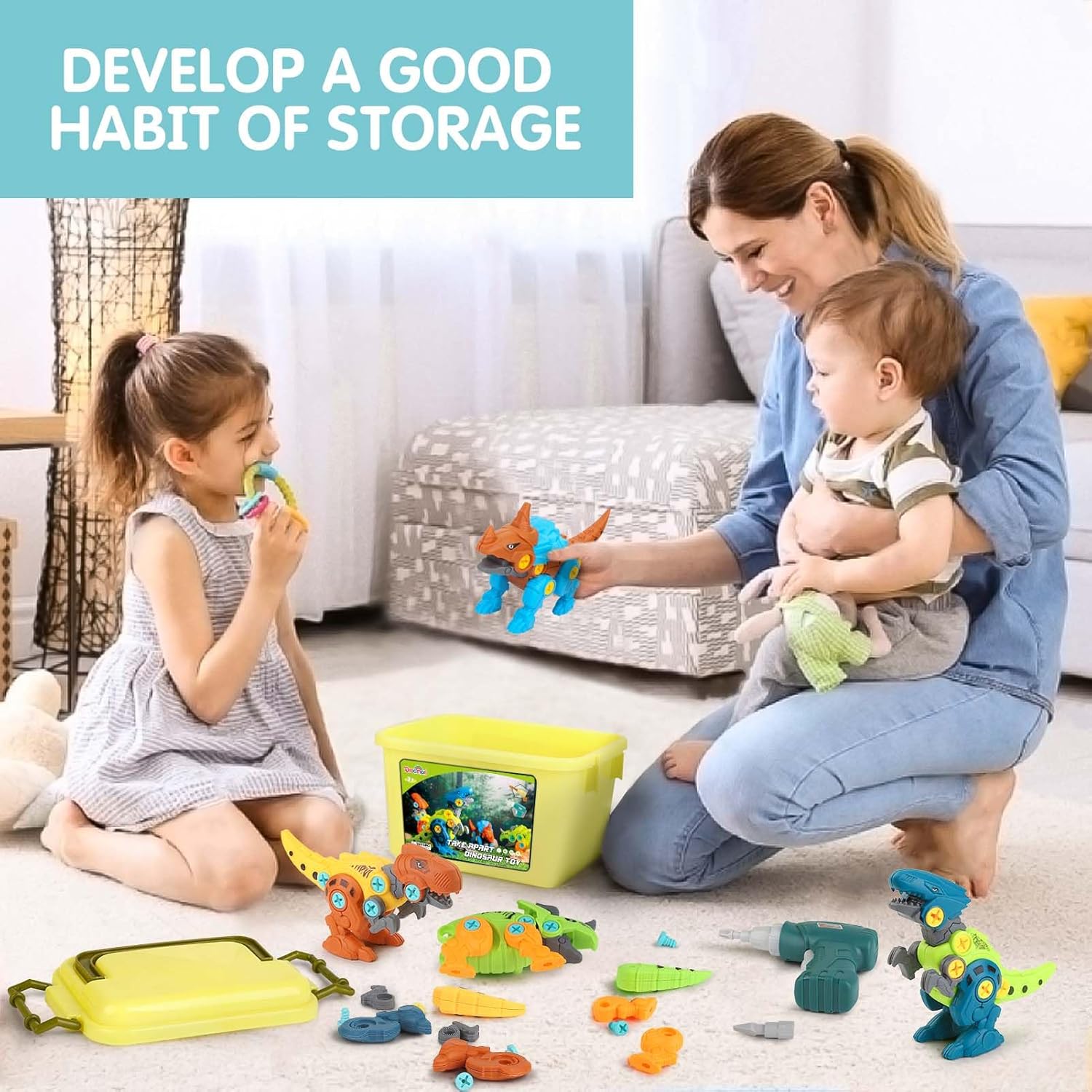 Dinosaur Toys for Kids with Storage Box Electric Drill DIY Construction Build Set