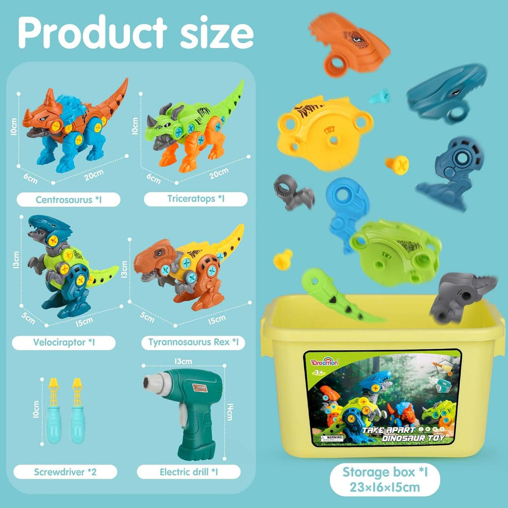 Dinosaur Toys for Kids with Storage Box Electric Drill DIY Construction Build Set