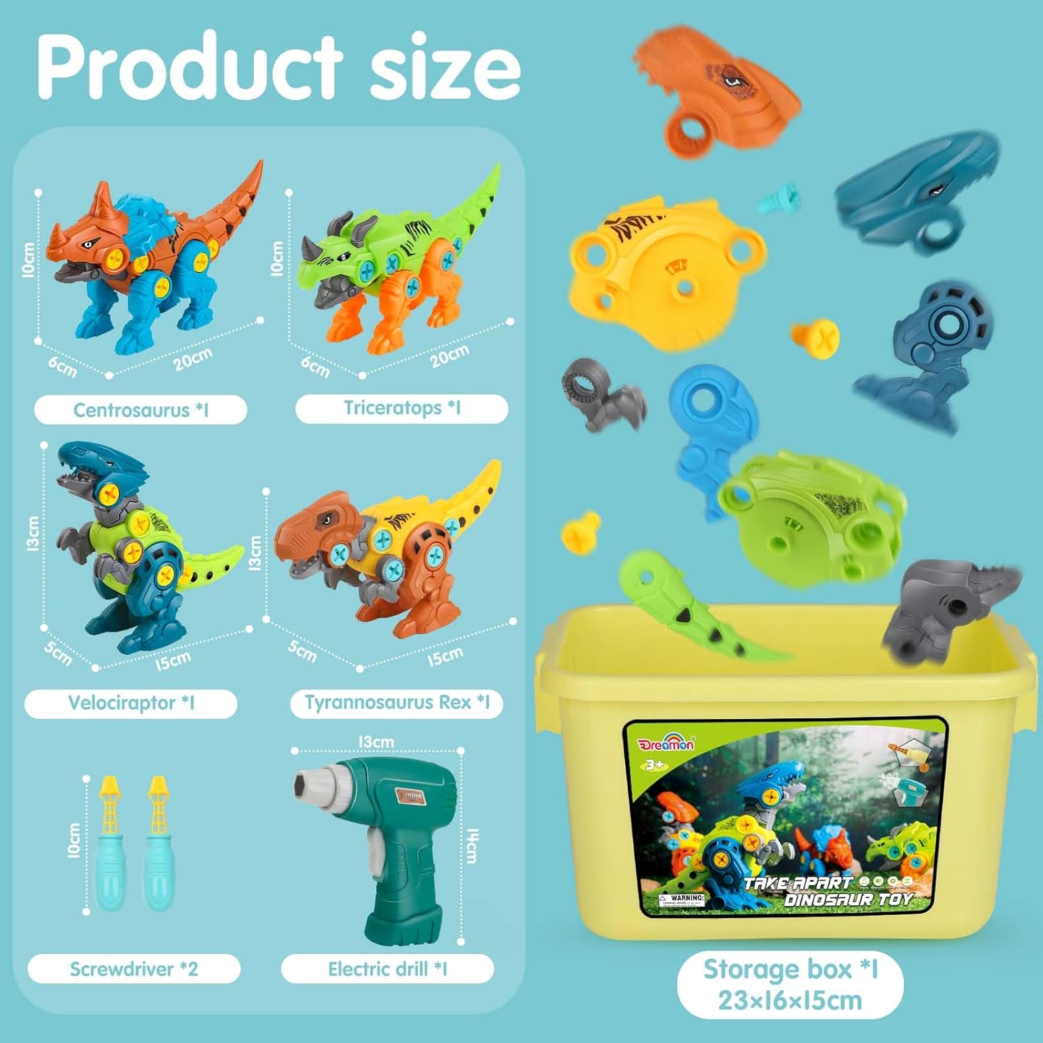 Dinosaur Toys for Kids with Storage Box Electric Drill DIY Construction Build Set